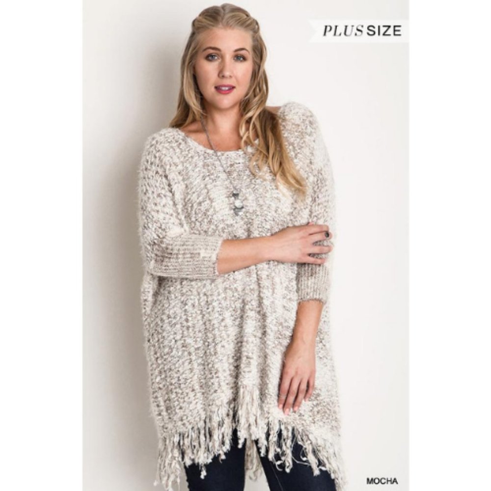 Women’s White Chunky Knit Sweater Frayed Trim